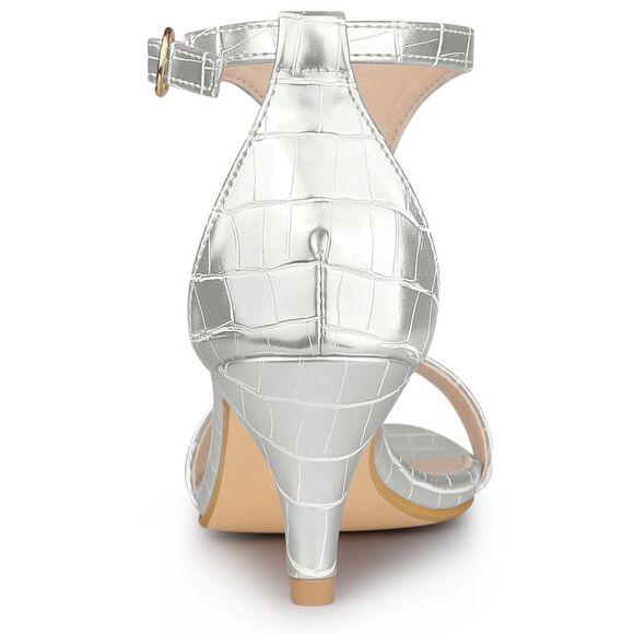 Women's T Strap Embossed Kitten Heel Sandals Silver - Picture 3 of 6